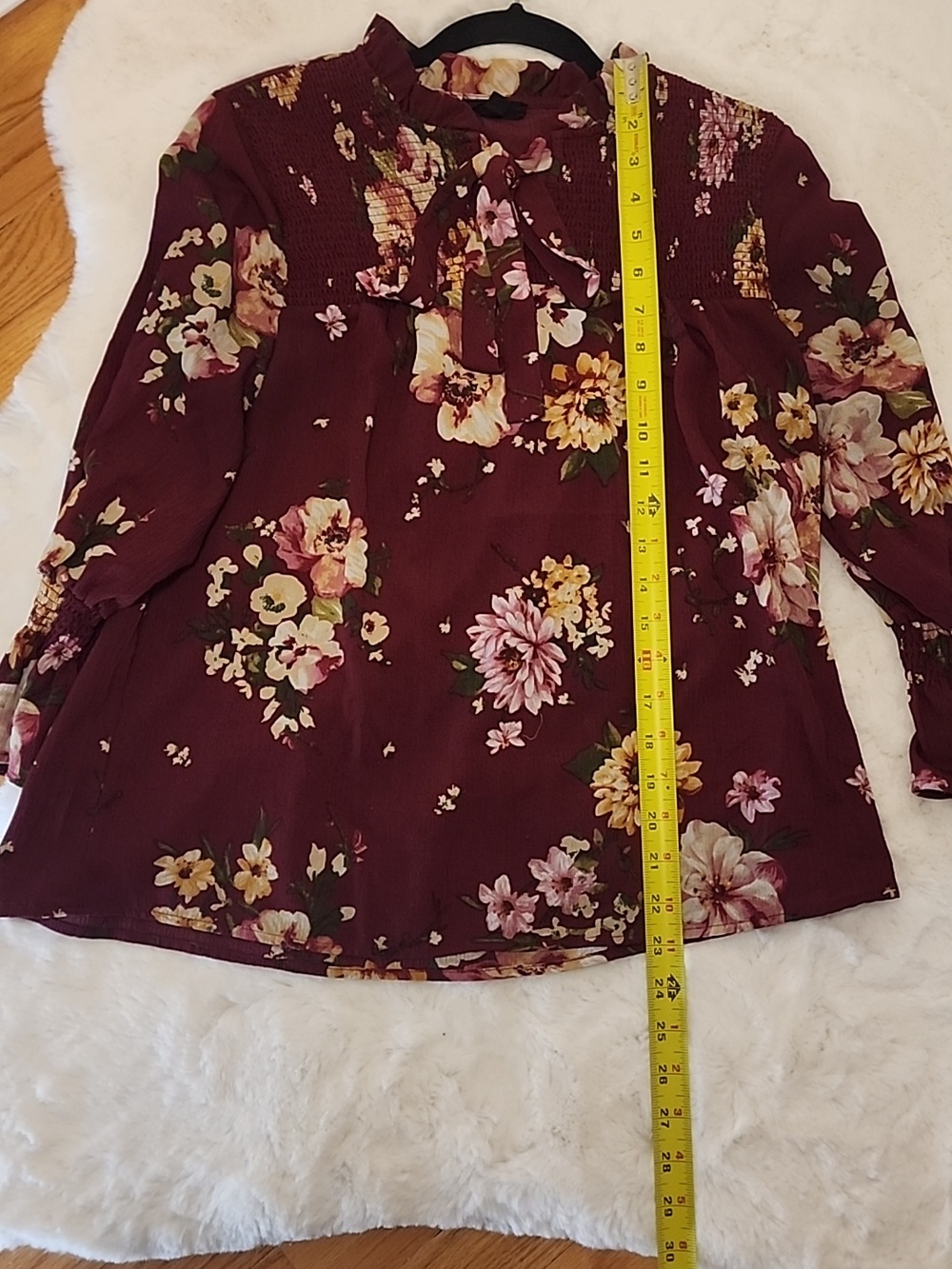 Mine Women's Burgundy Floral Chiffon Tie-Neck Blouse Top Size M Long Sleeves - Picture 11 of 13